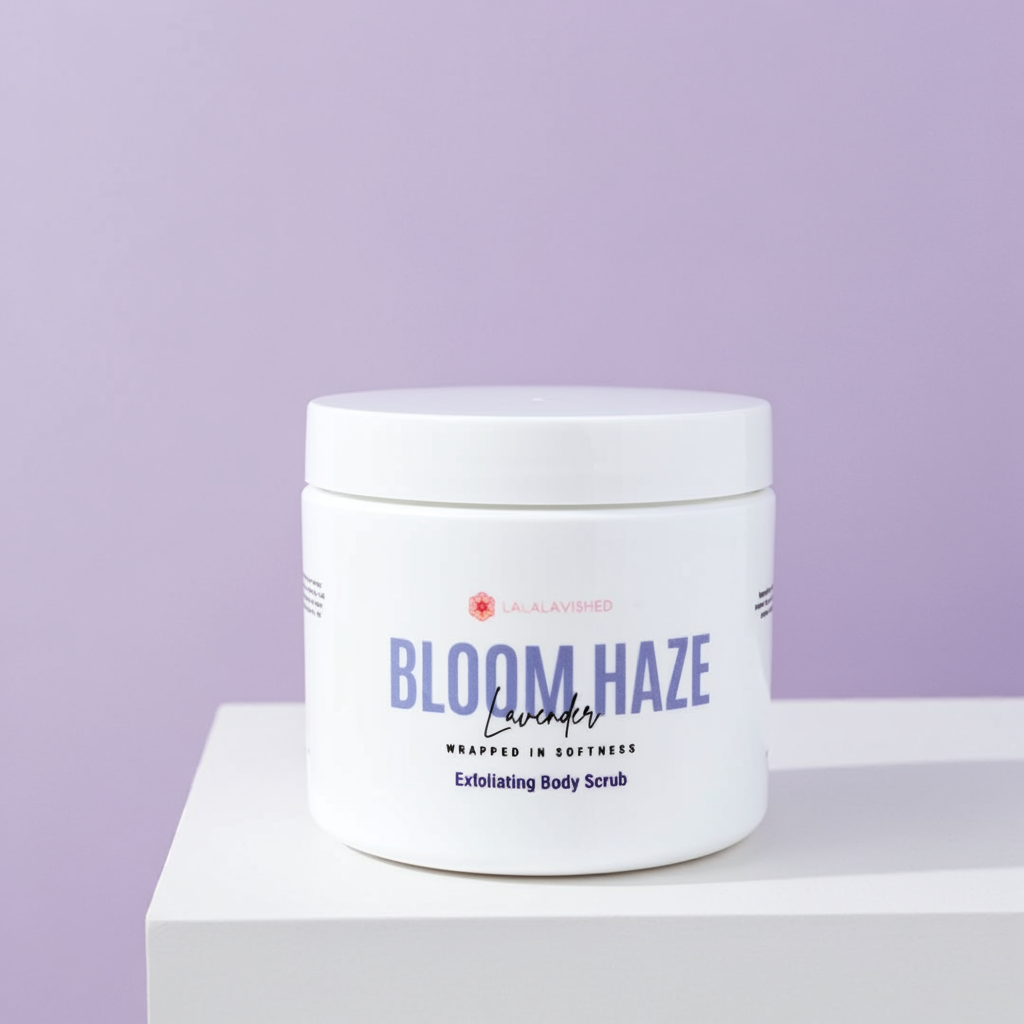 a body scrub labeled "Bloom Haze" sitting on white platform with purple lavender background