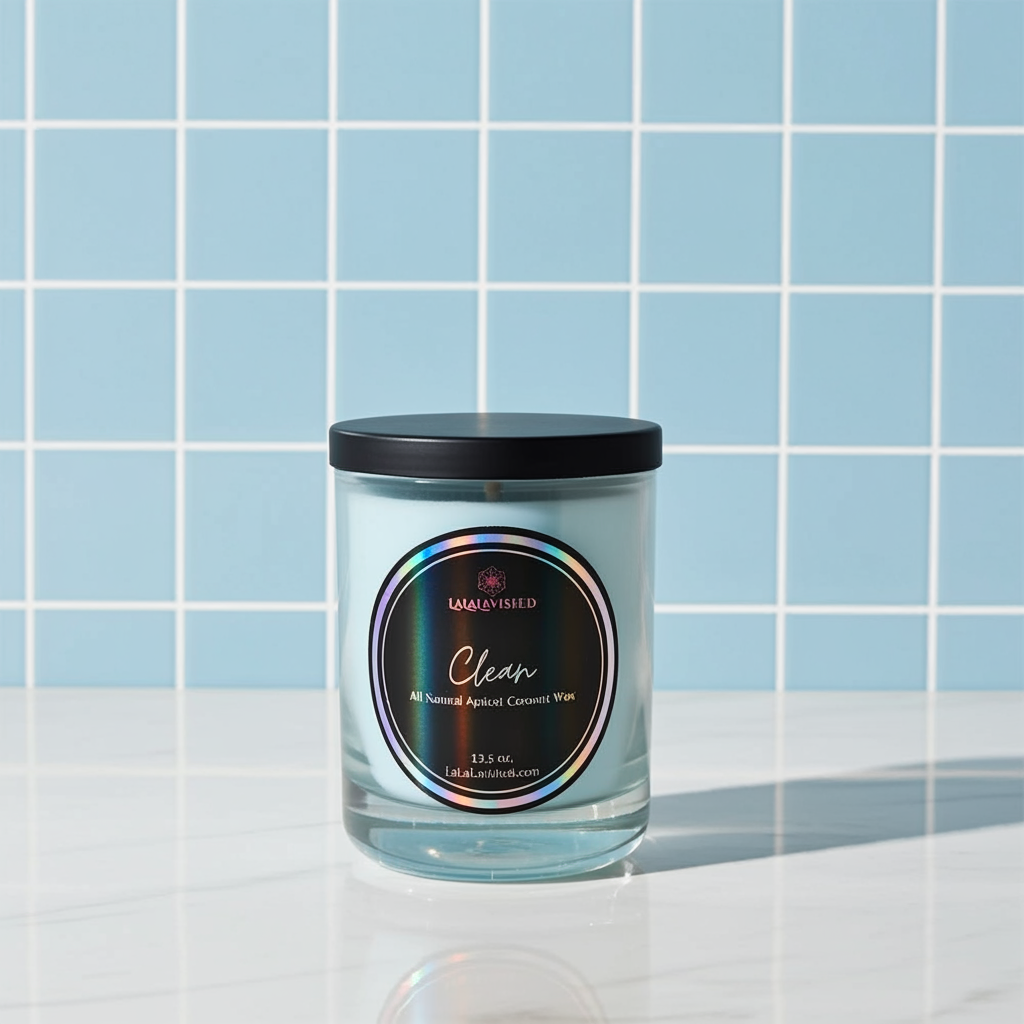 Candle with a black lid and colorful label on a tiled surface
