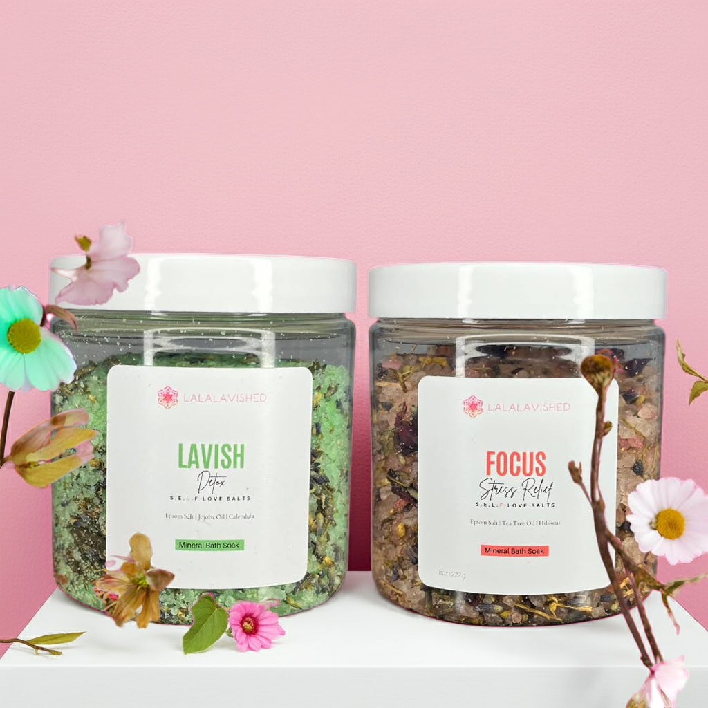 Two jars of bath salts labeled &