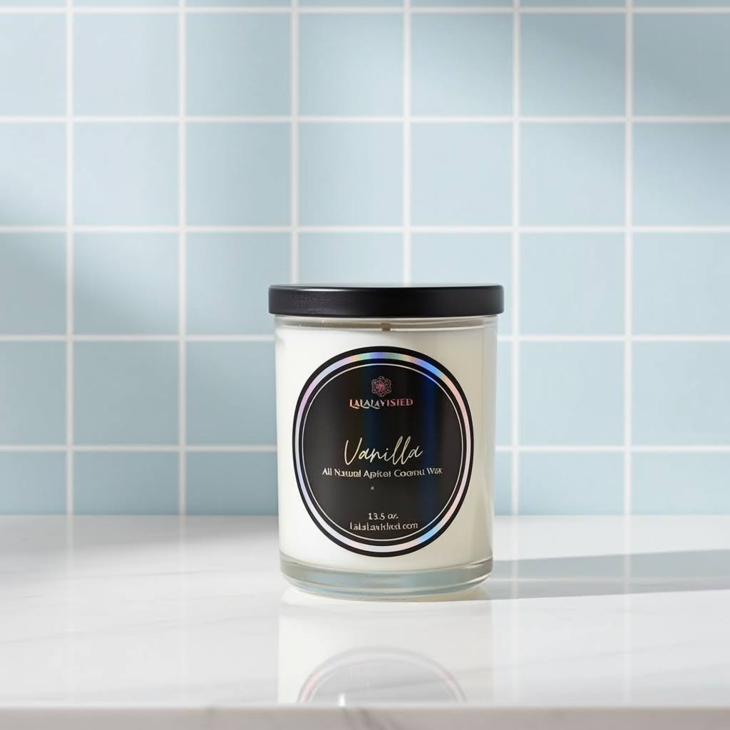 Candle with a black lid and label on a white surface with a light blue tiled wall background