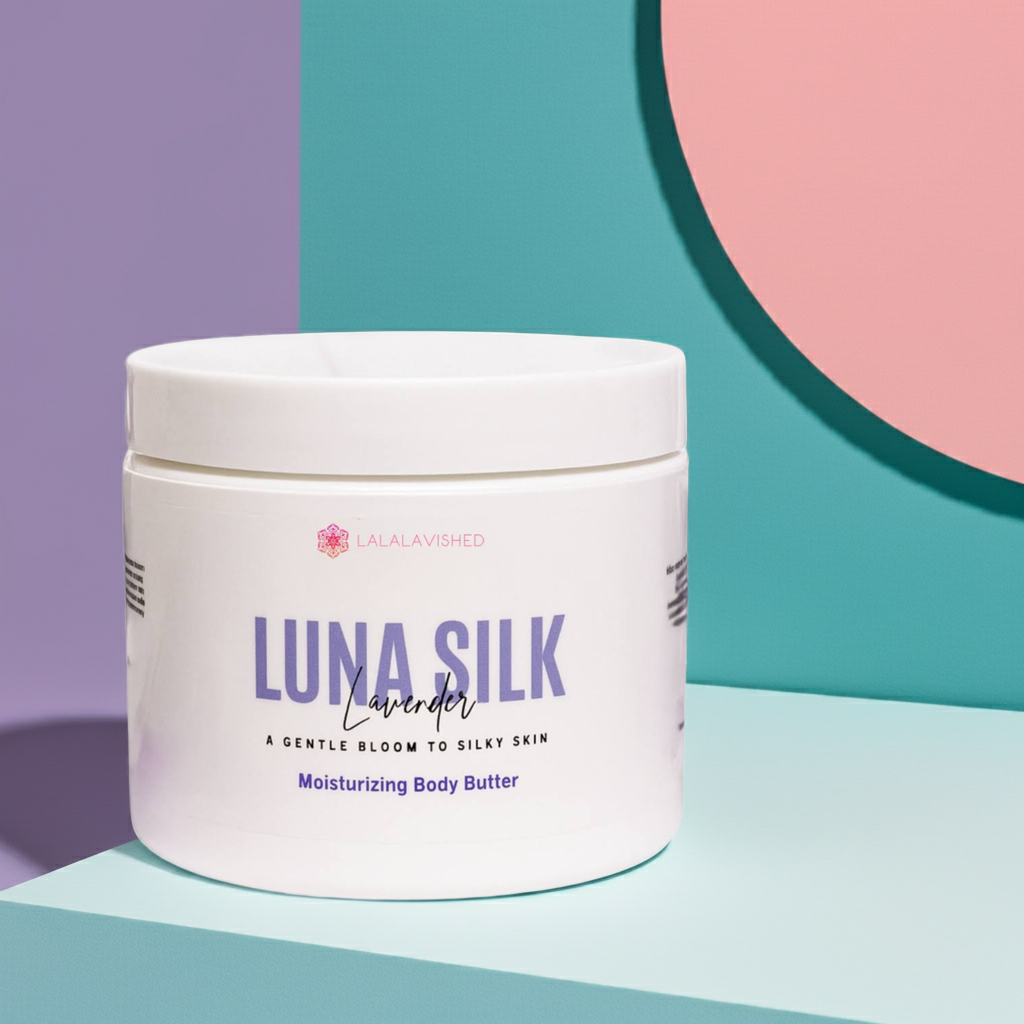 Luna Silk moisturizing body butter jar on a colorful background