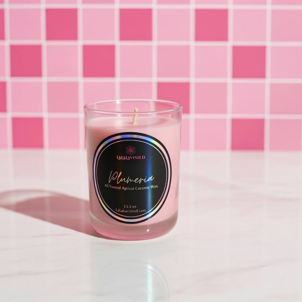 Pink candle with a label on a pink checkered background