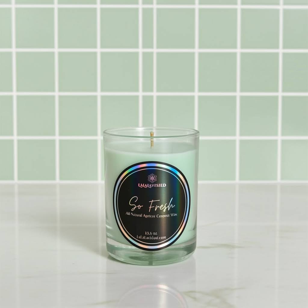Candle in a glass jar with a label on a tiled wall background
