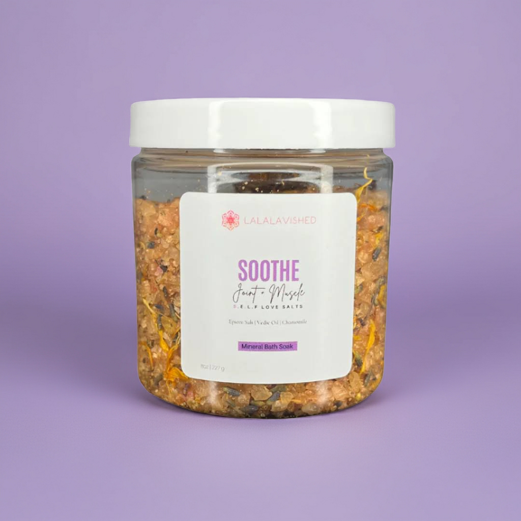 Jar of bath salts with a label on a purple background