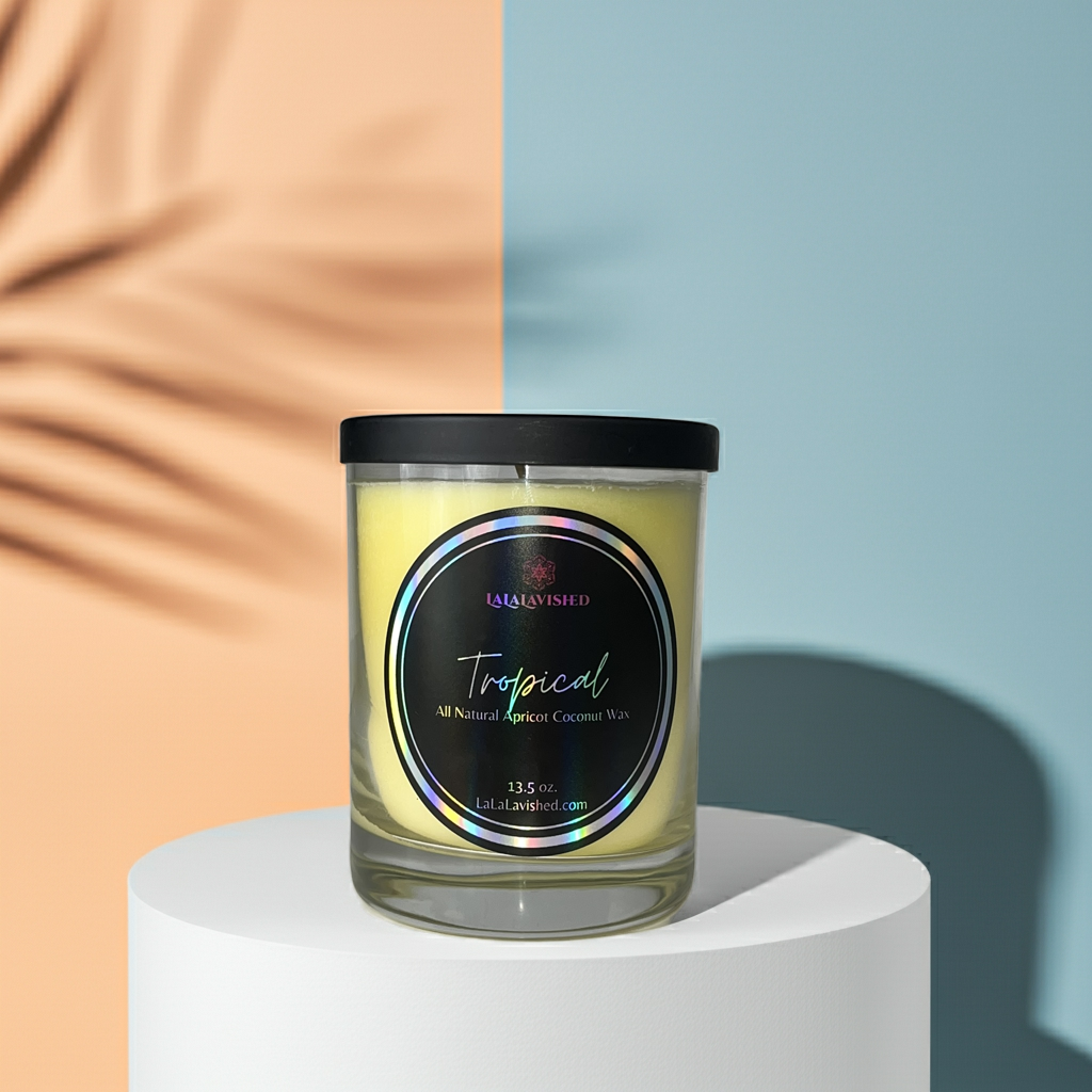 Candle with a colorful label on a white pedestal against a two-tone background