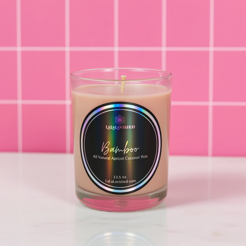 Candle in a glass jar with a label on a pink tiled background
