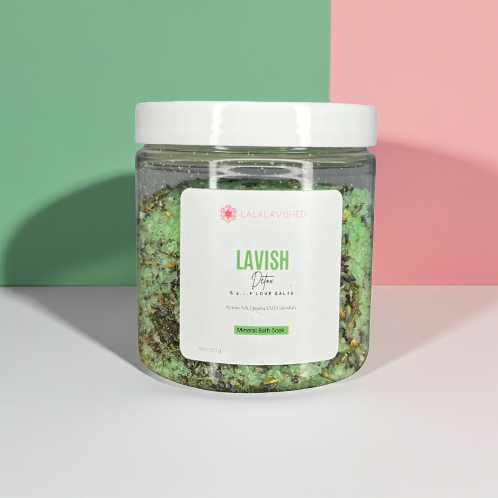Jar of green bath salts with a label on a colorful background